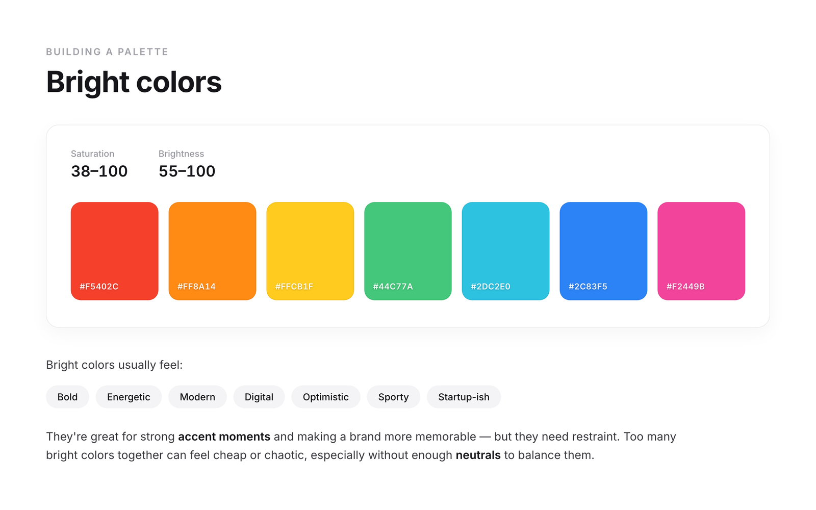 Bright color palette examples with bold, energetic colors in high saturation for modern and digital brands
