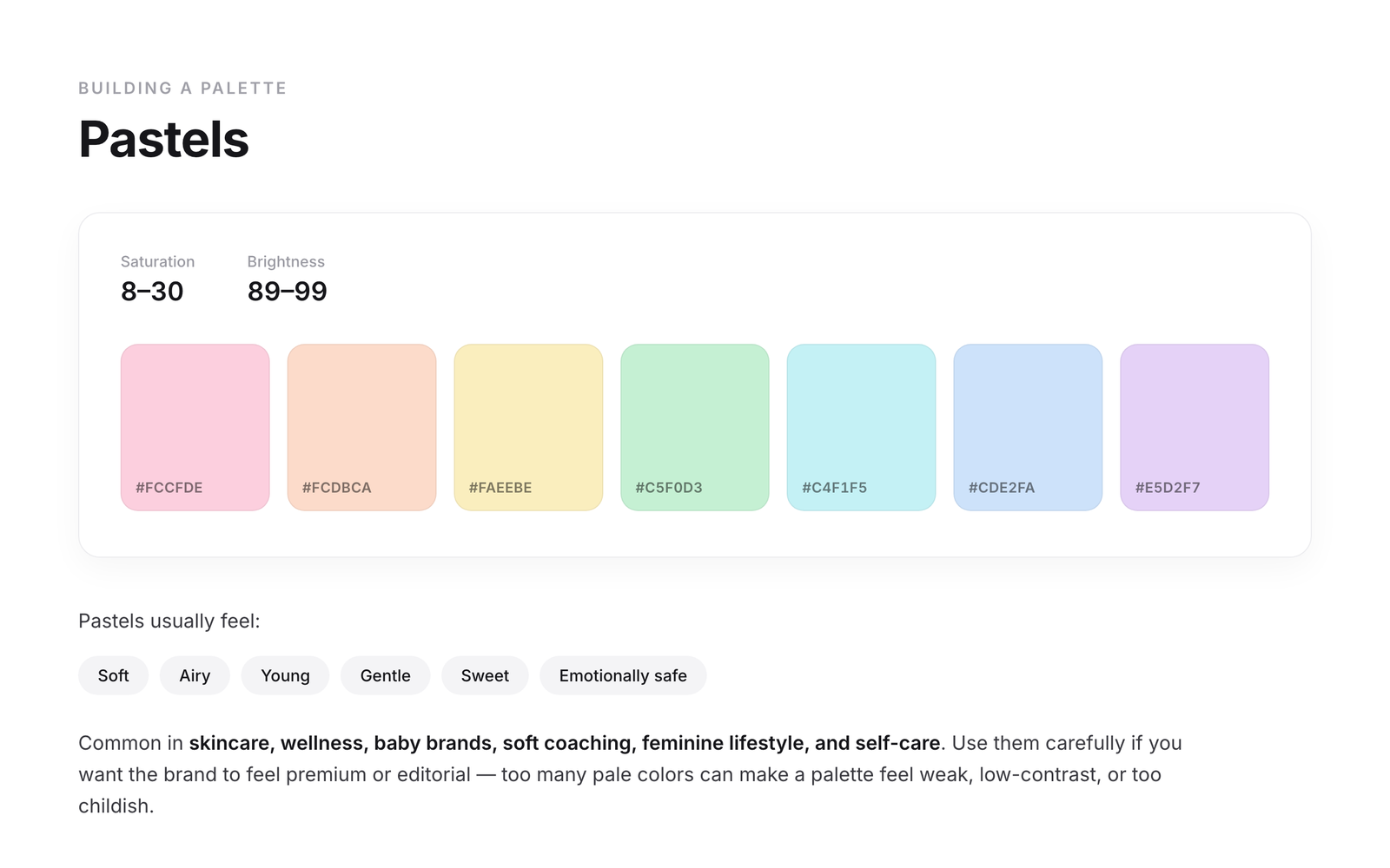 Pastel color palette examples with soft, airy colors in high brightness and low saturation for lifestyle and wellness brands