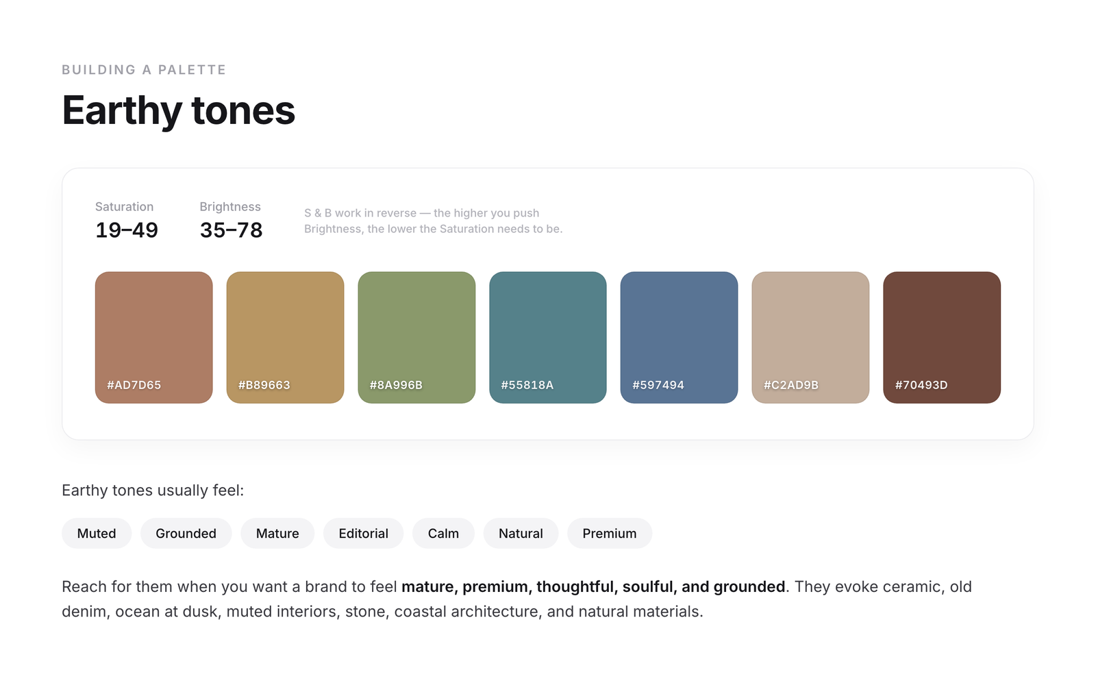 Earthy tone color palette examples with muted, grounded colors in low saturation for mature and premium brands